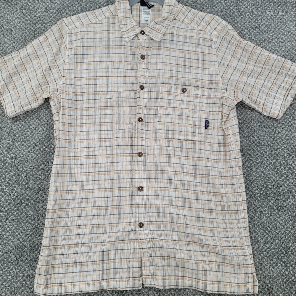 Patagonia Mens Organic Cotton Plaid Short Sleeve Button Down Shirt Tan Brown M
